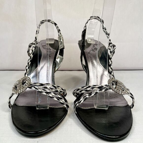 BLACK, WHITE & SILVER BRAID 4” HEEL SANDAL w RHINESTONES SAMDAL SIZE 8 EUC - Picture 3 of 8